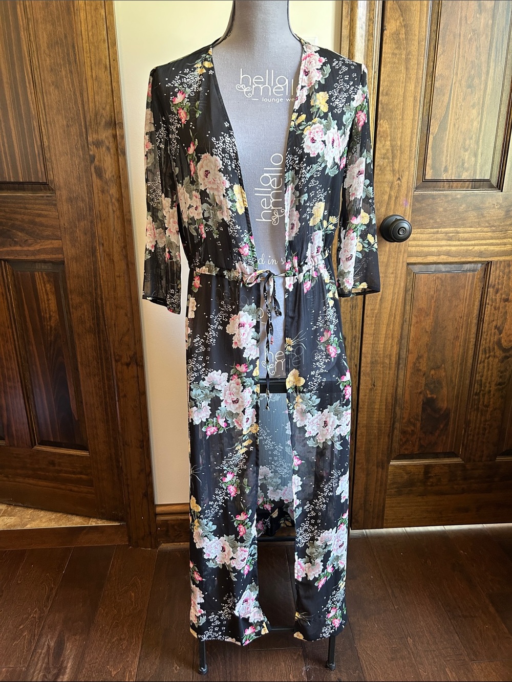 love, Fire Black Floral Long Kimono Robe with Tie